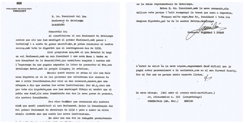 Carta del darrer president del Parlament a l'exili, Francesc Farreras i Duran (font: Ernest Benach)