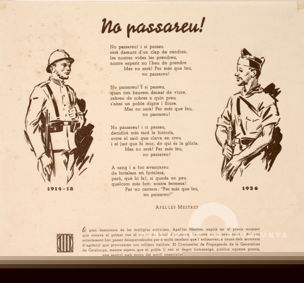 El poema `No passareu! d'Apel·les Mestres, reeditat pel Comissariat de Propaganda de la Generalitat de Catalunya durant la Guerra Civil